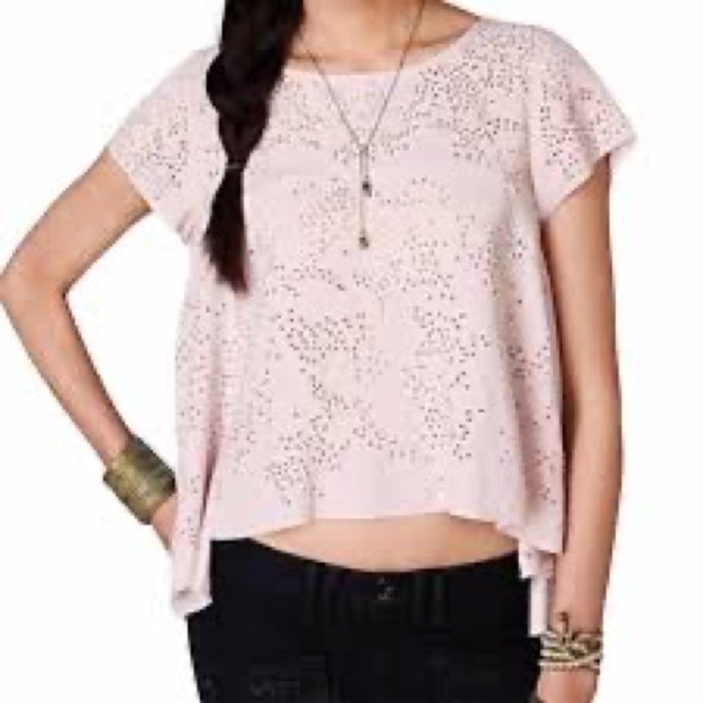 Free people pink babydoll laser cut pattern xs extra small crop spring top shirt